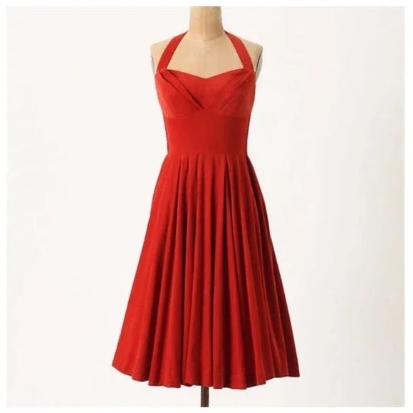 Anthropologie corduroy red halter or strapless tea length dress size 6 - Picture 8 of 8